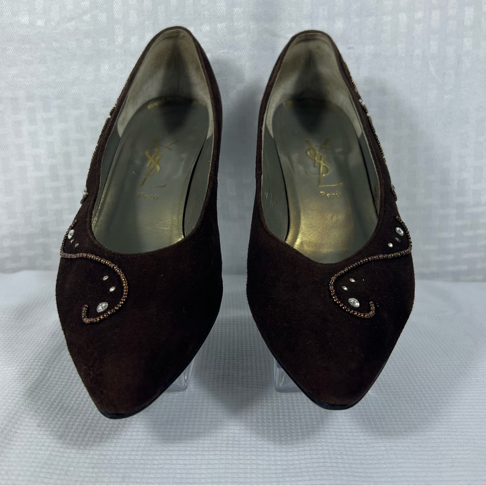 Vintage Yves Saint Laurent Suede Rhinestone Pumps Brown Size - Picture 2 of 10